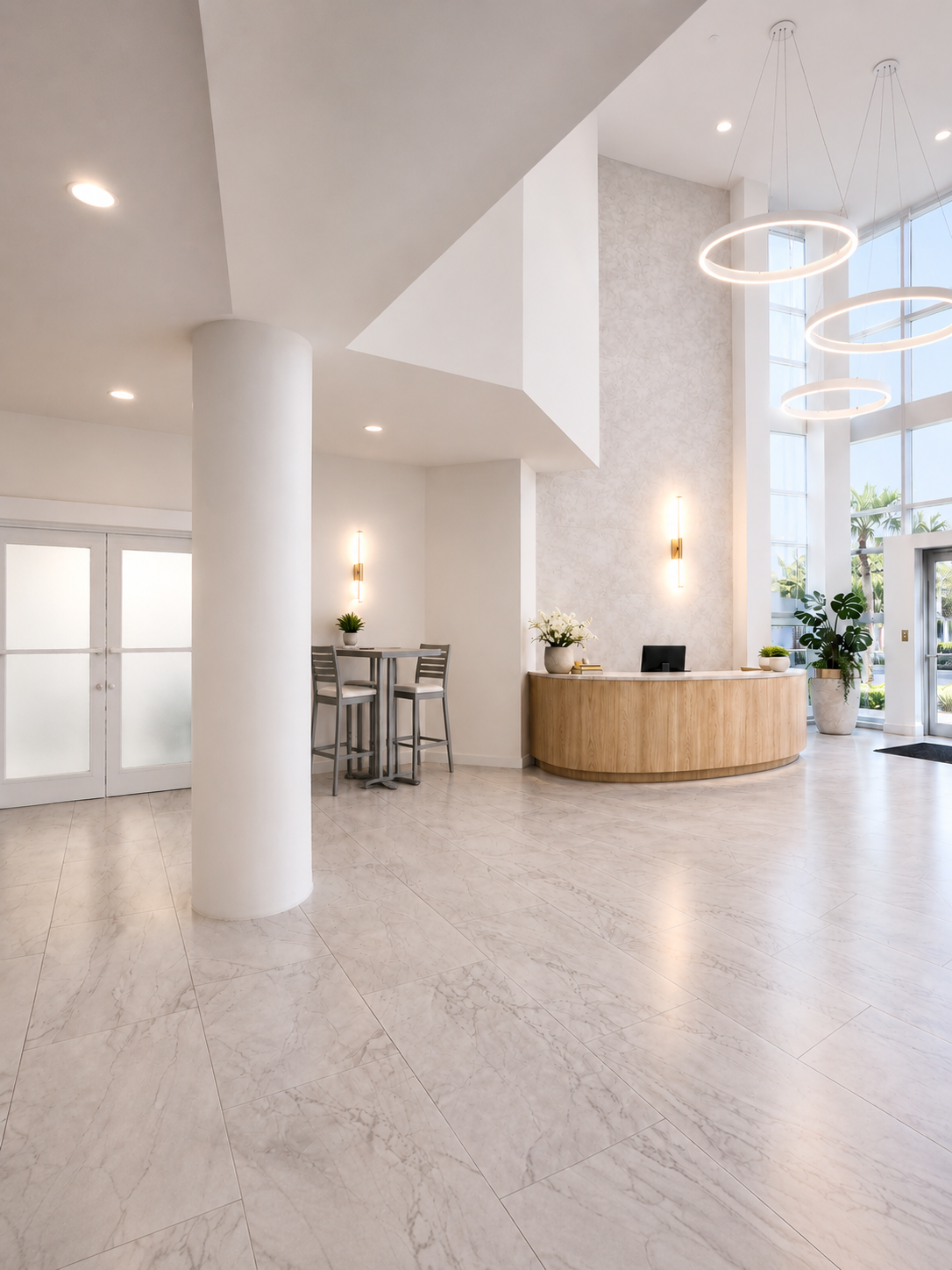 Miami Green reception desk with ring lighting and warm wood
